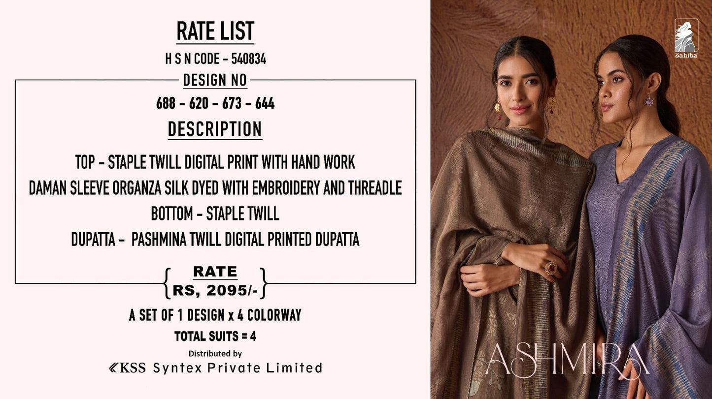 Ashmira Sahiba Staple Twill Pashmina Suits Wholesaler Ahmedabad