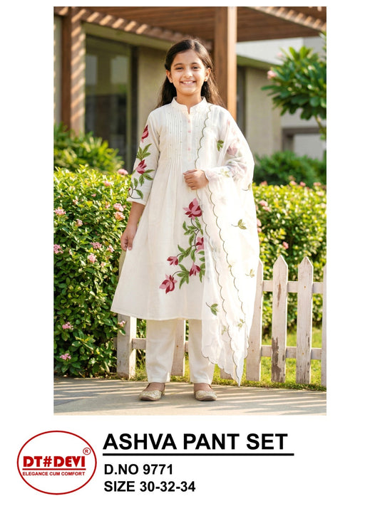 Ashva 9771 Dt Devi Roman Silk Girls Readymade Pant Suits Manufacturer Gujarat