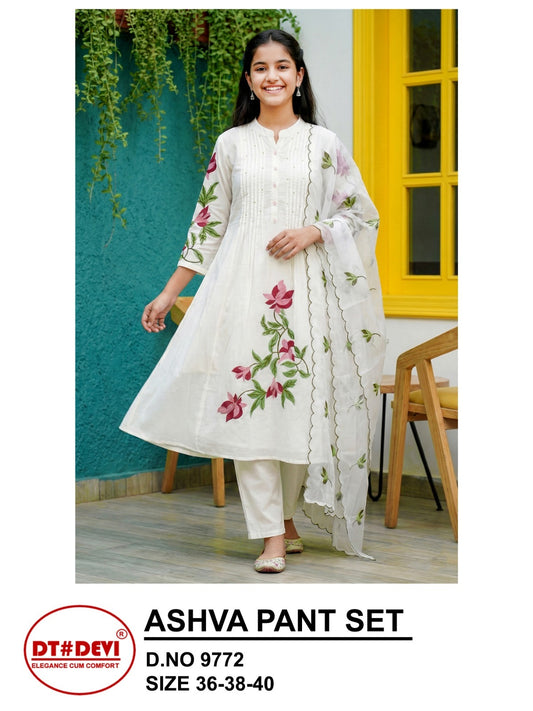 Ashva 9772 Dt Devi Roman Silk Girls Readymade Pant Suits Supplier Gujarat