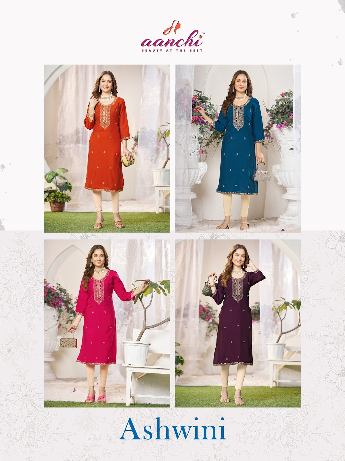 Ashwini Aanchi Roman Silk Long Straight Kurti Wholesale