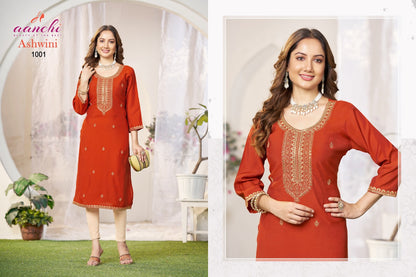 Ashwini Aanchi Roman Silk Long Straight Kurti Wholesale