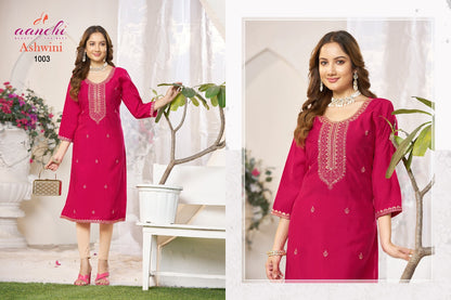 Ashwini Aanchi Roman Silk Long Straight Kurti Wholesale