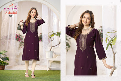 Ashwini Aanchi Roman Silk Long Straight Kurti Wholesale