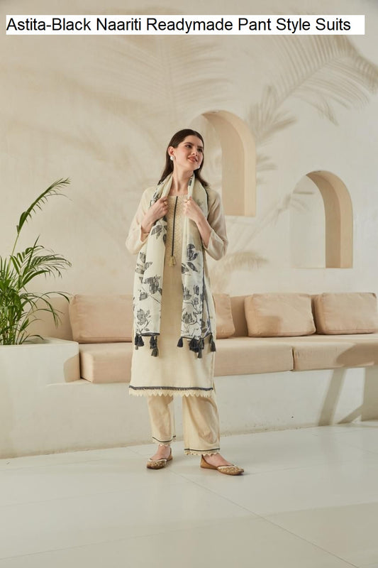 Astita-Black Naariti Pure Linen Readymade Pant Style Suits Wholesaler India