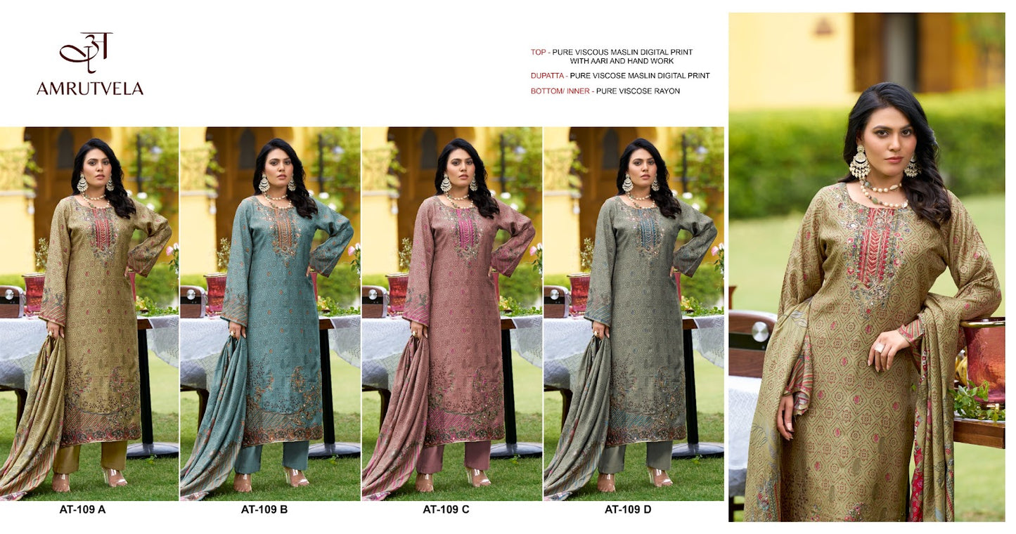At-109 Amrutvela Viscose Muslin Karachi Salwar Suits Wholesaler India