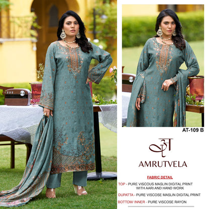 At-109 Amrutvela Viscose Muslin Karachi Salwar Suits Wholesaler India