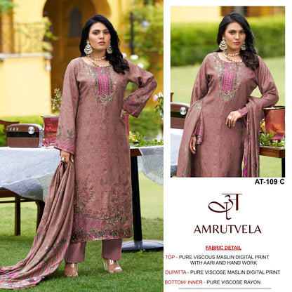At-109 Amrutvela Viscose Muslin Karachi Salwar Suits Wholesaler India