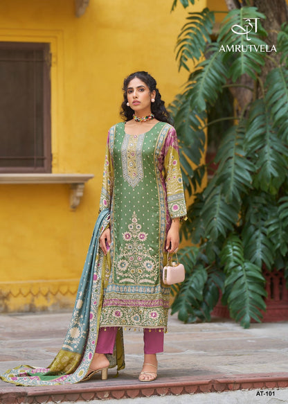 At101 Amrutvela Pure Viscose Muslin Karachi Salwar Suits Supplier Ahmedabad