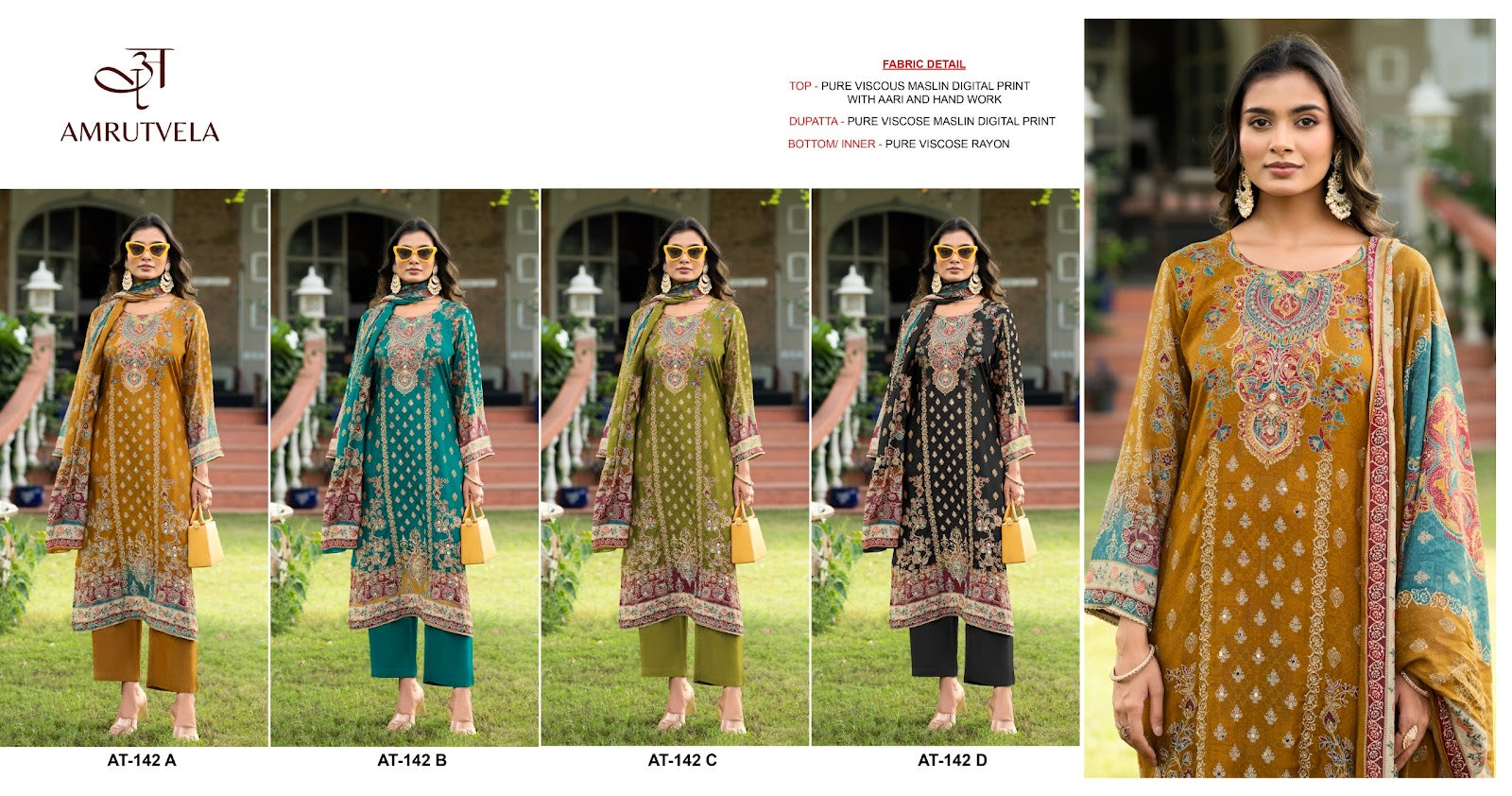 At 142 Amrutvela Viscose Muslin Karachi Salwar Suits Wholesale Rate
