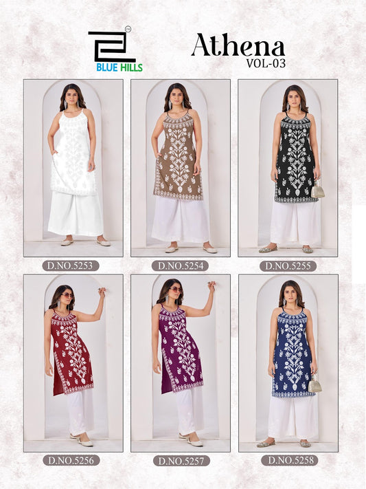 Athena Vol 3 Blue Hills Rayon 14Kg Knee Length Kurtis Manufacturer India