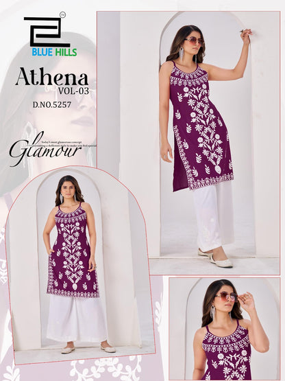 Athena Vol 3 Blue Hills Rayon 14Kg Knee Length Kurtis Manufacturer India