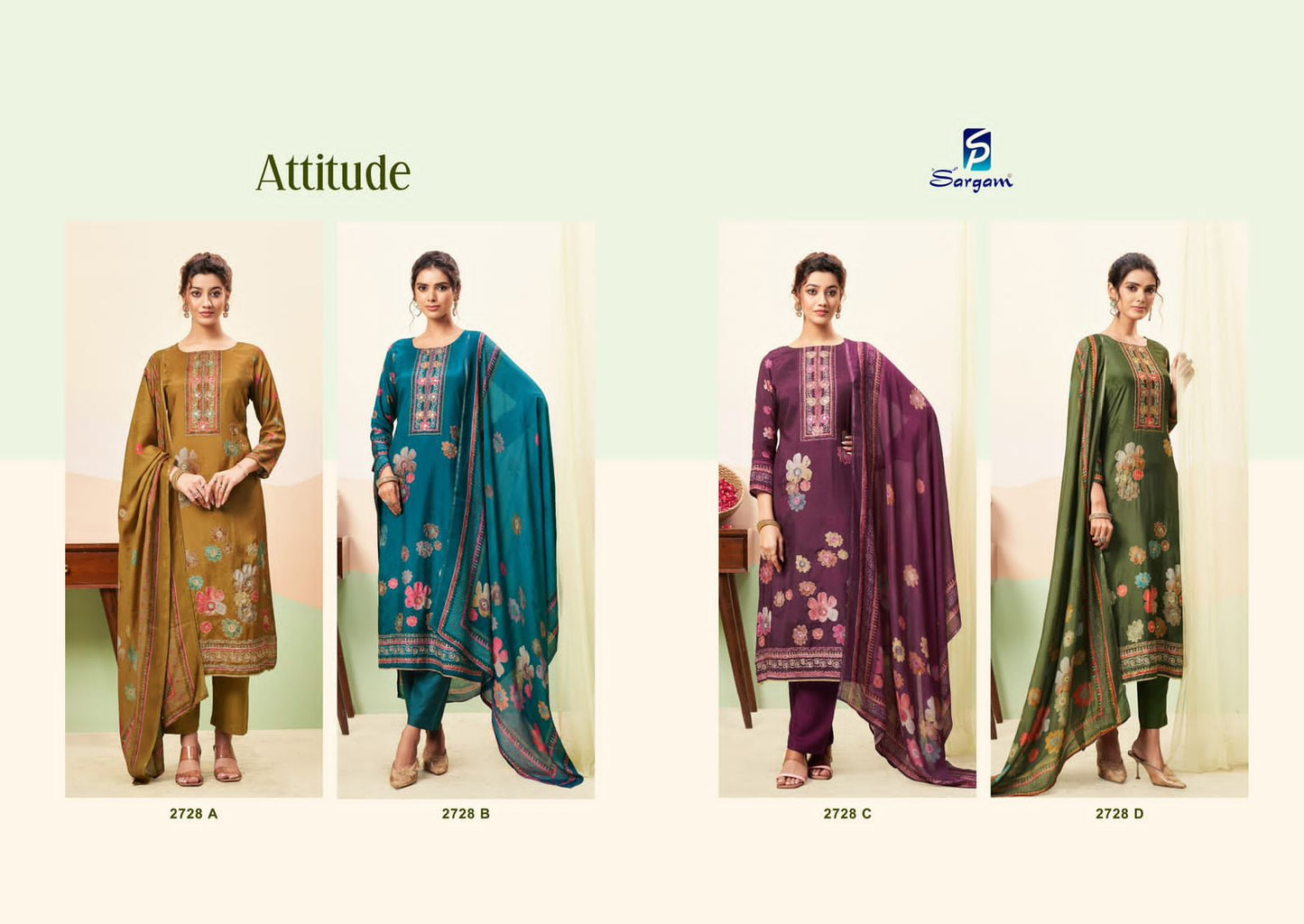 Attitude Sargam Prints Pure Bemberg Muslin Pant Style Suits Wholesaler