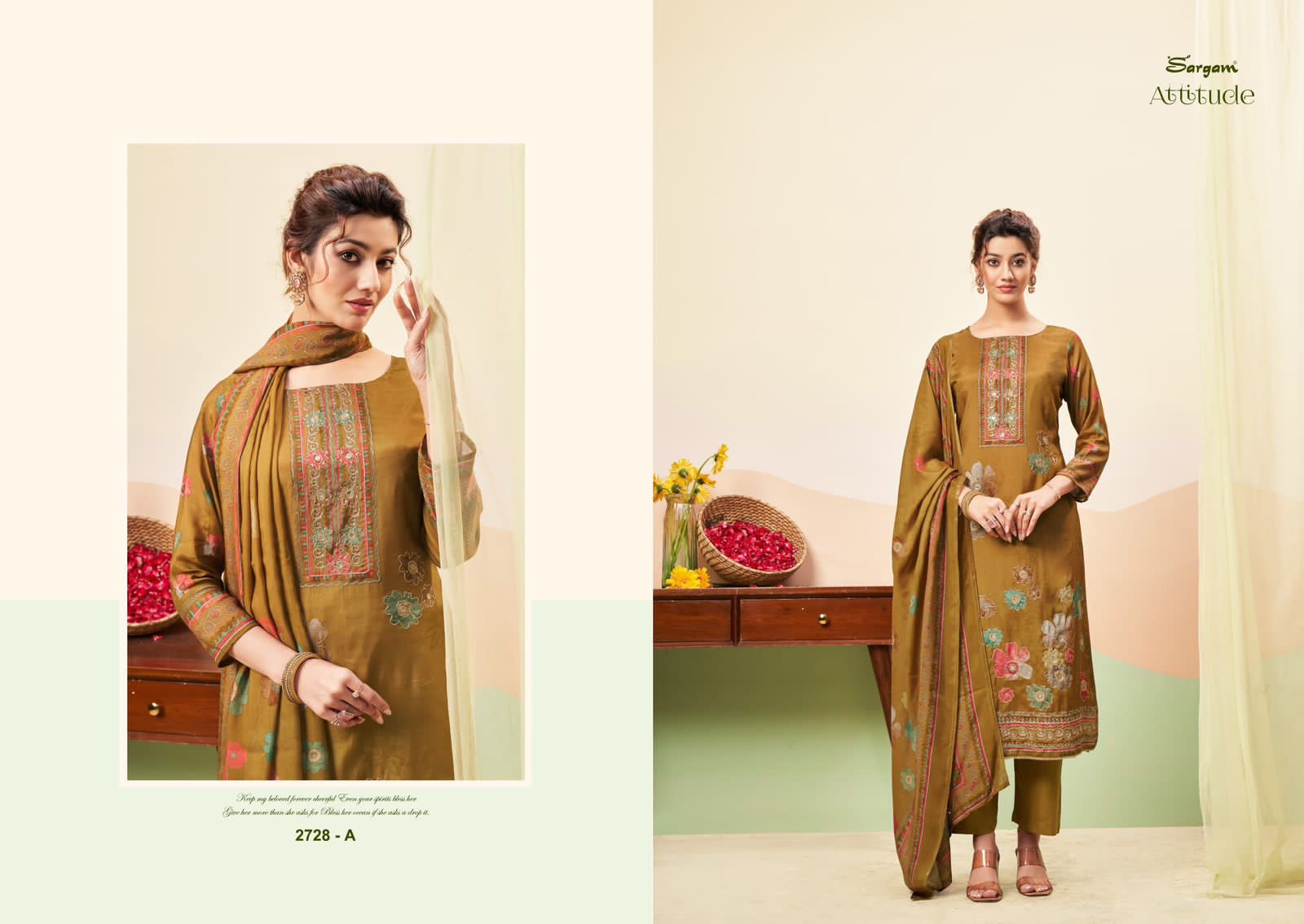 Attitude Sargam Prints Pure Bemberg Muslin Pant Style Suits Wholesaler