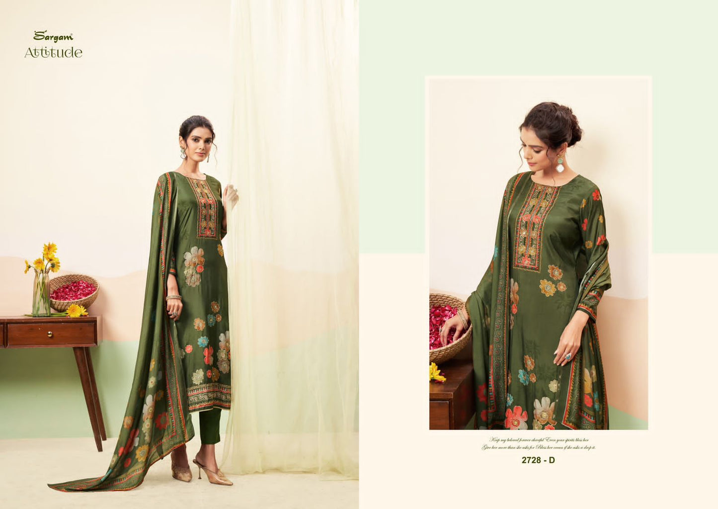 Attitude Sargam Prints Pure Bemberg Muslin Pant Style Suits Wholesaler