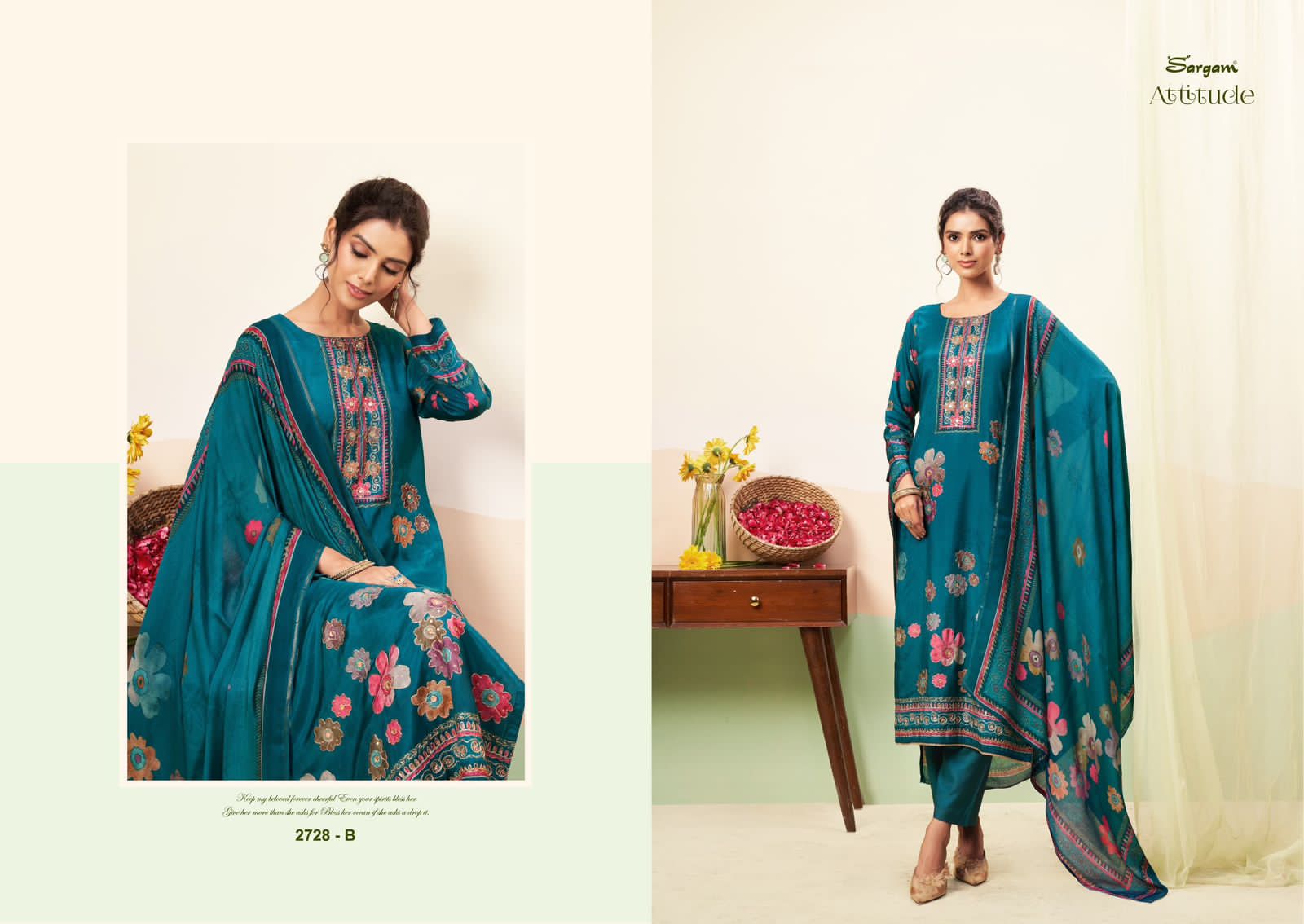 Attitude Sargam Prints Pure Bemberg Muslin Pant Style Suits Wholesaler