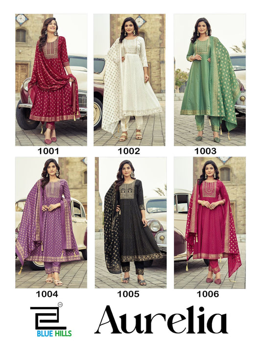 Aurelia Blue Hills Rayon 14Kg Readymade Anarkali Suits Manufacturer India