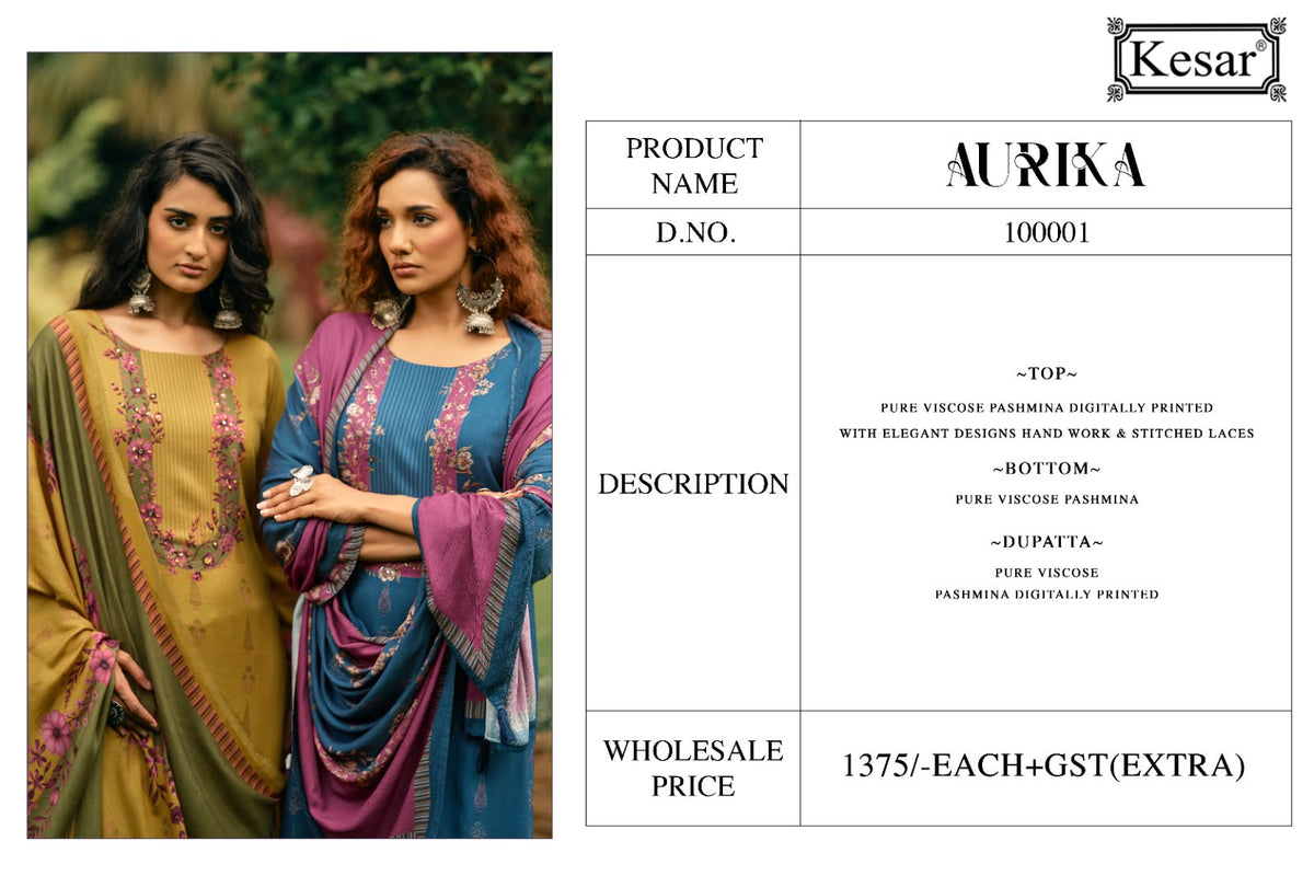 Aurika Kesar Viscose Pashmina Suits Wholesale Price