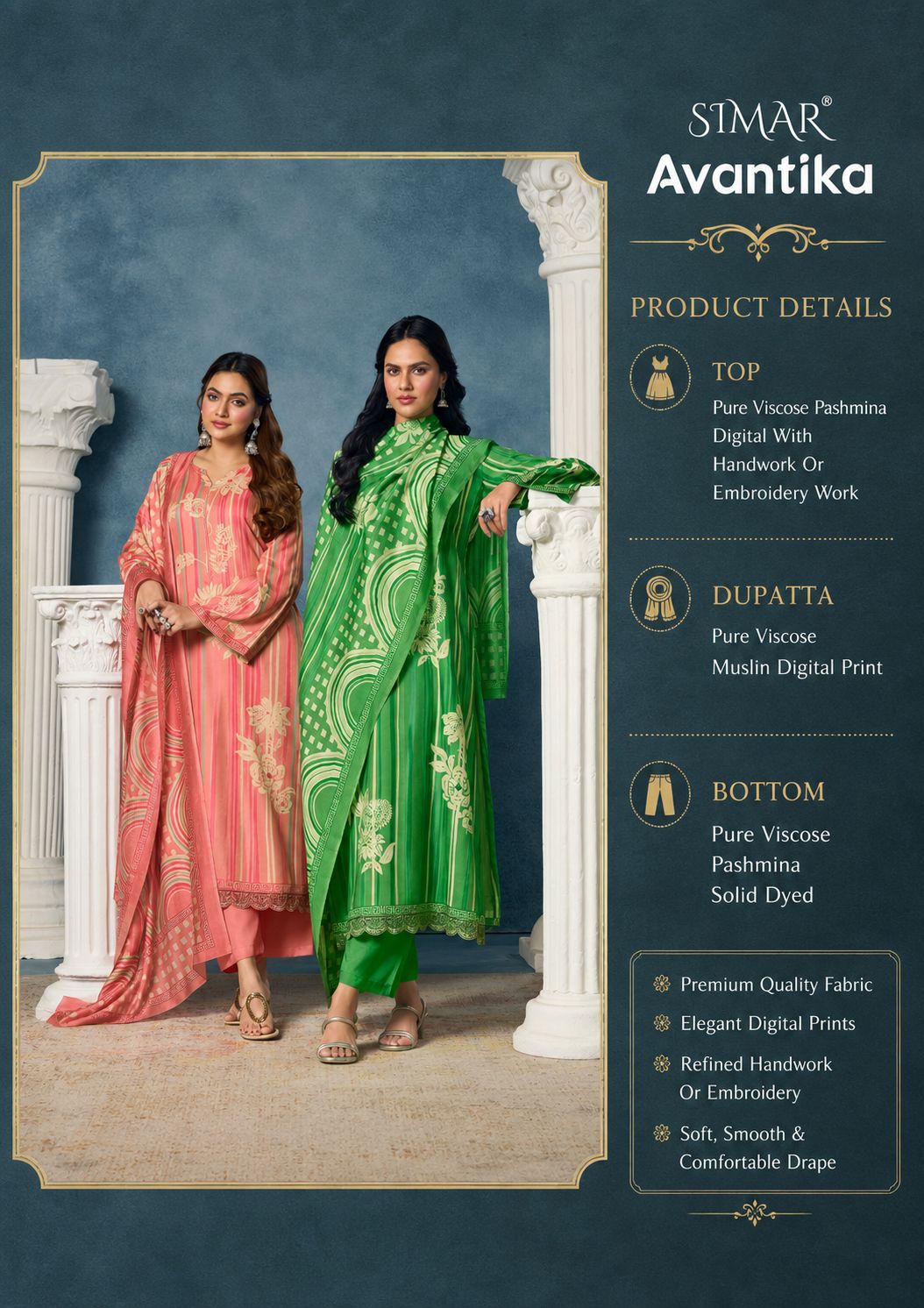 Avantika Simar Viscose Pashmina Suits Supplier