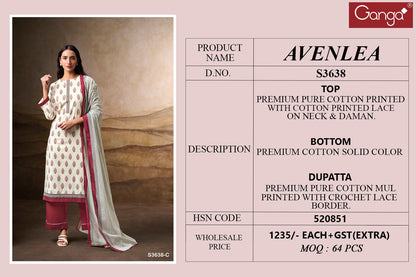 Avenlea 3638 Ganga Pure Cotton Pant Style Suits Wholesaler Ahmedabad