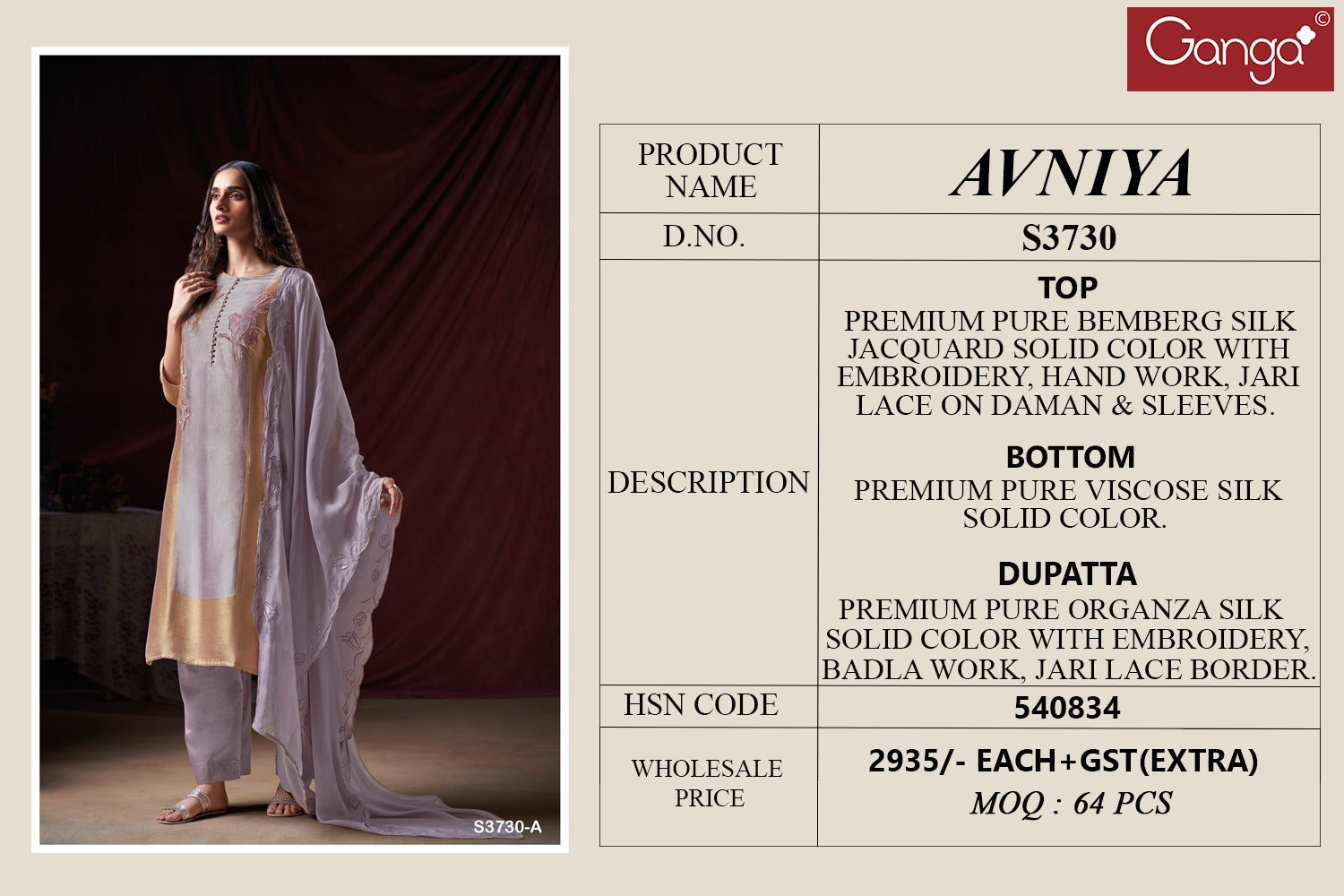 Avniya 3730 Ganga Premium Bemberg Pant Style Suits Manufacturer India