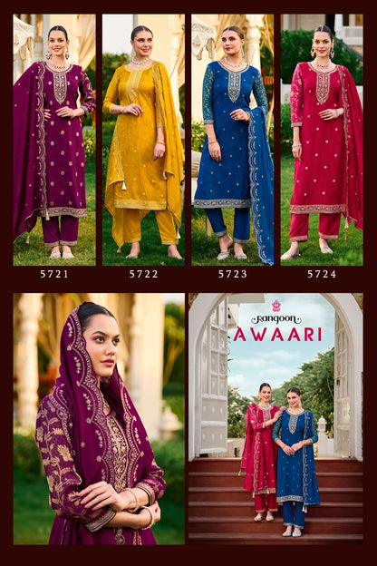 Awaari Rangoon Muslin Jacquard Readymade Pant Style Suits Supplier Gujarat
