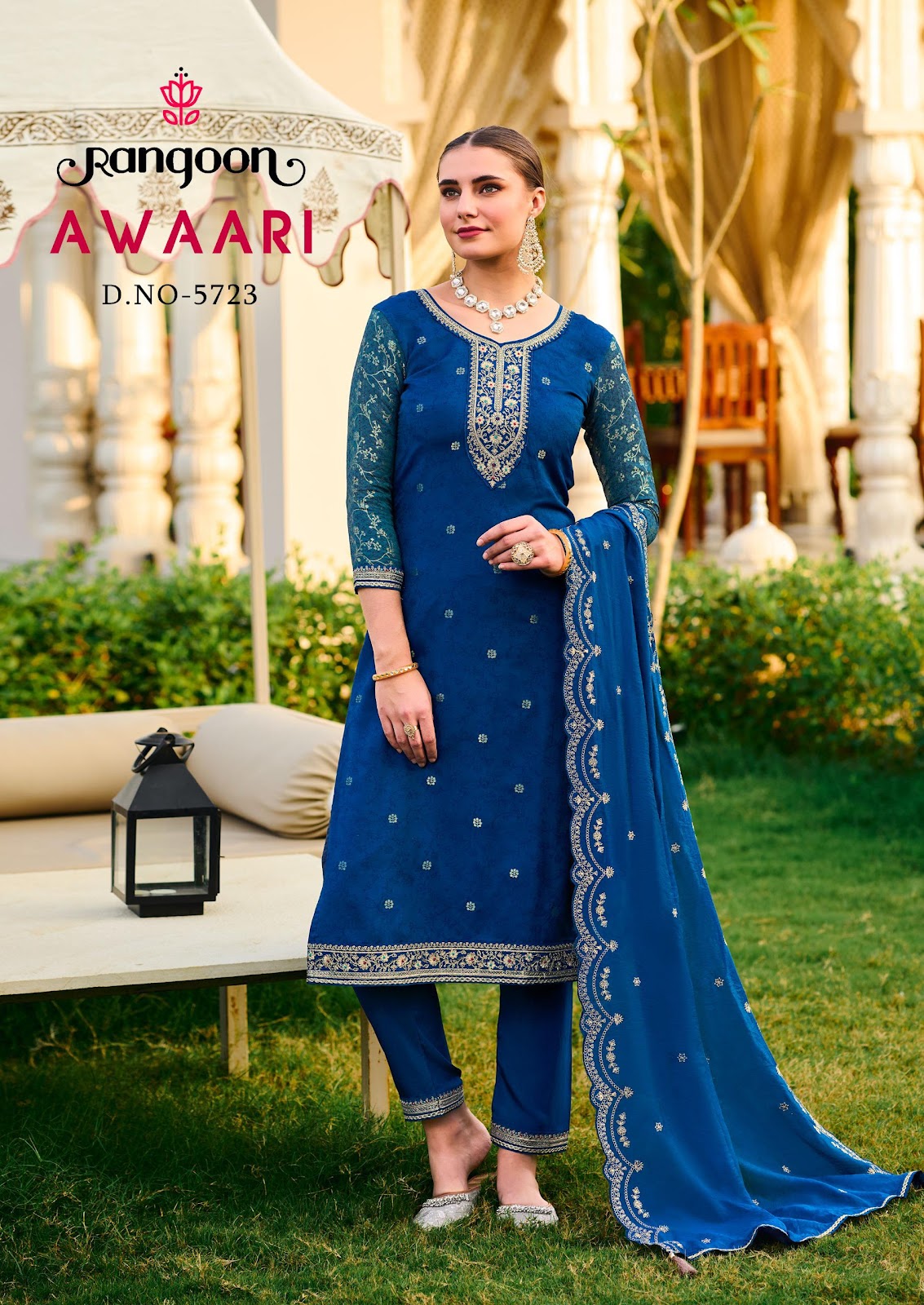 Awaari Rangoon Muslin Jacquard Readymade Pant Style Suits Supplier Gujarat