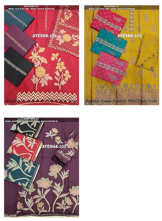 Ayesha Kesar Karachi Modal Silk Pant Style Suits Supplier Gujarat