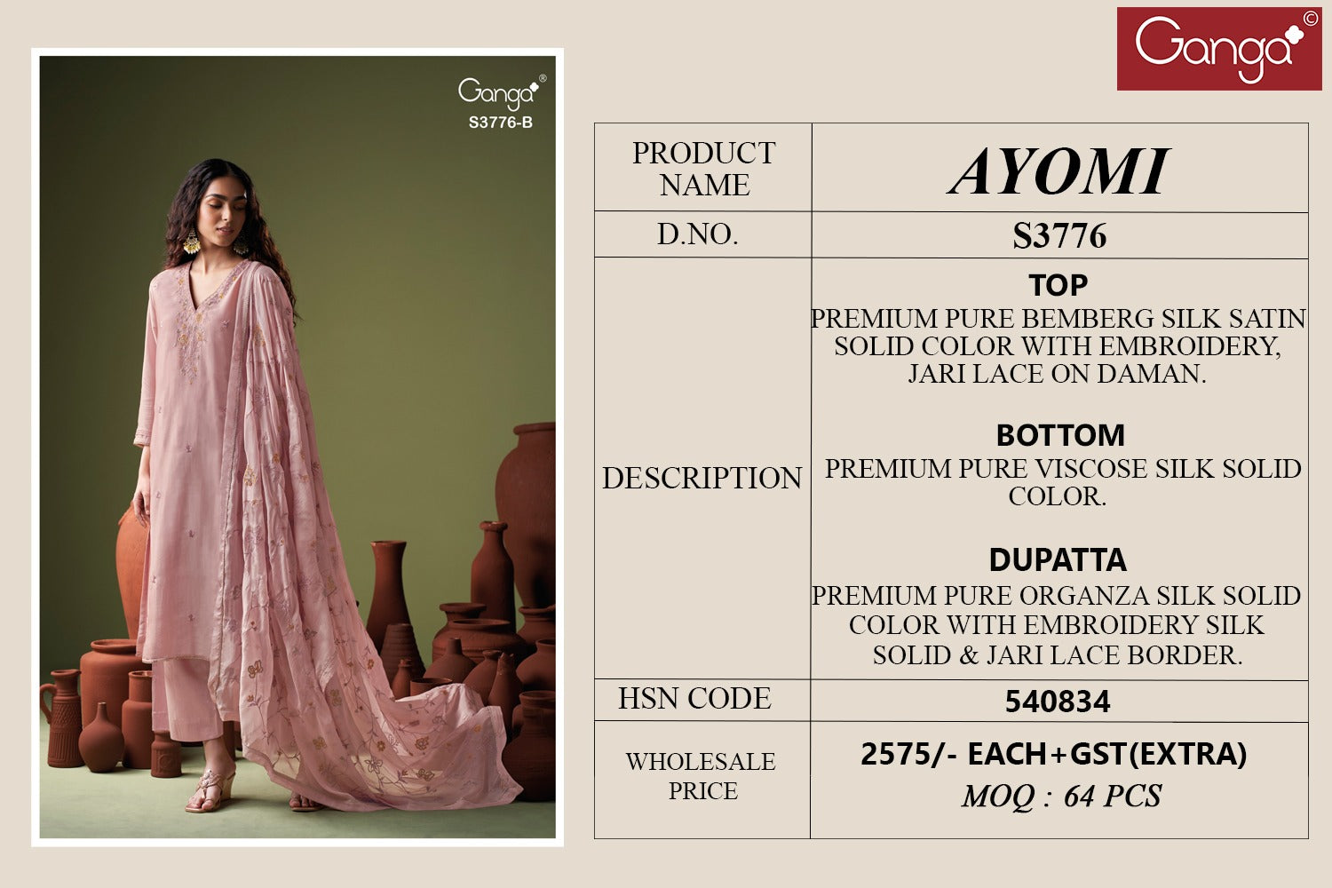 Ayomi 3776 Ganga Premium Bemberg Plazzo Style Suits Exporter Ahmedabad