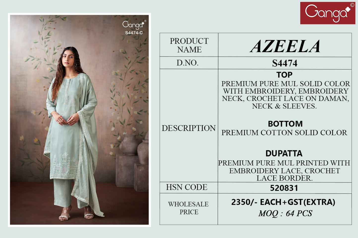 Azeela 4474 Ganga Mul Pant Style Suits Manufacturer India