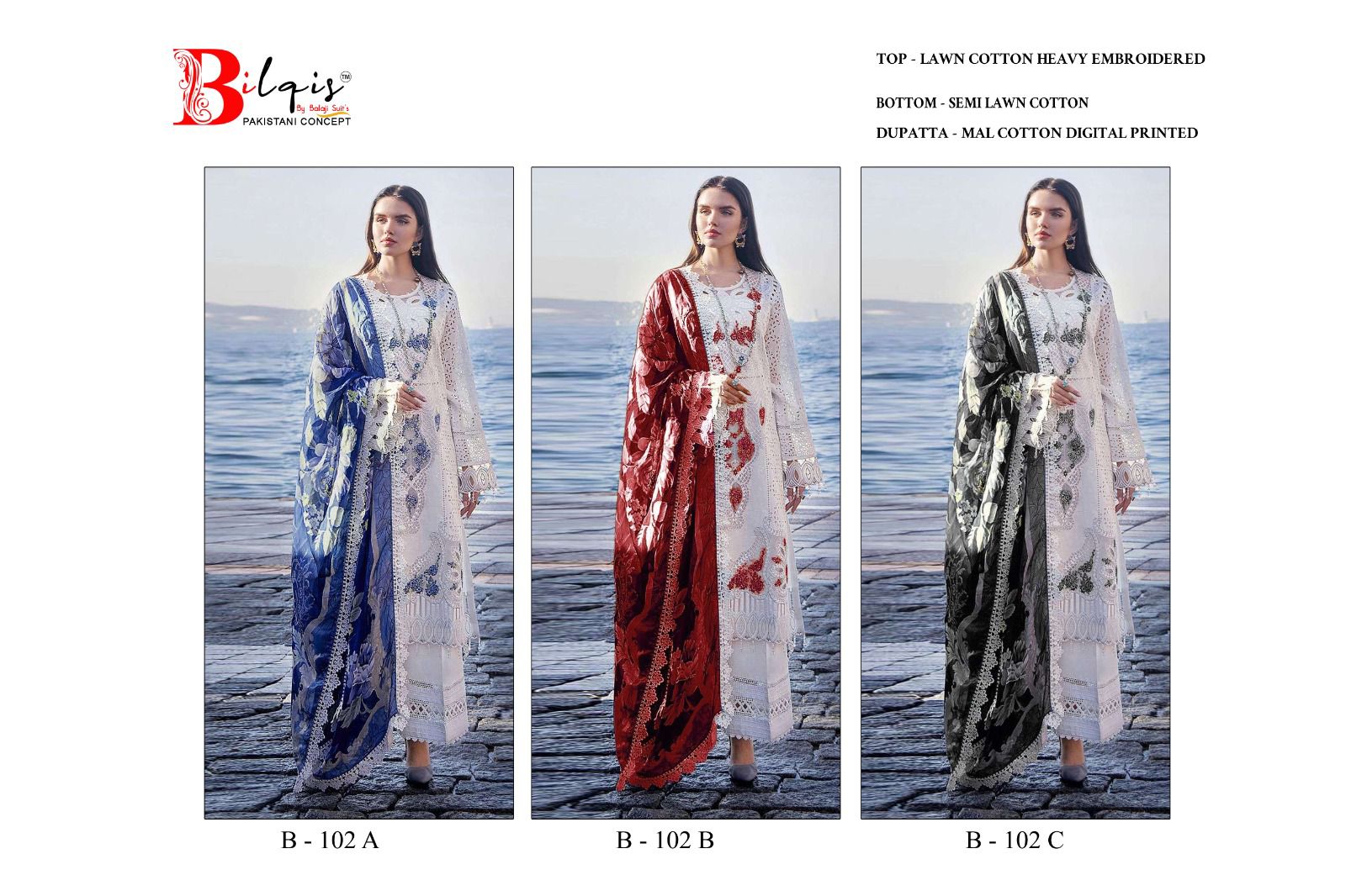 B 102 Abc Bilqis Lawn Cotton Pakistani Salwar Suits Wholesale Price