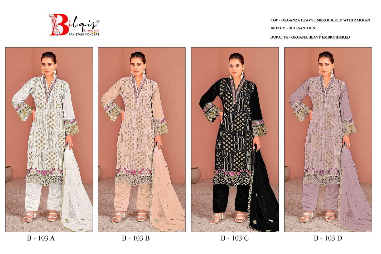 B 103 Abcd Bilqis Organza Pakistani Salwar Suits Exporter India