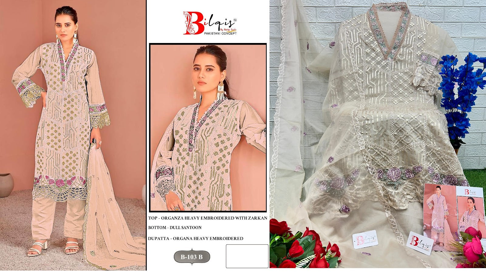 B 103 Abcd Bilqis Organza Pakistani Salwar Suits Exporter India