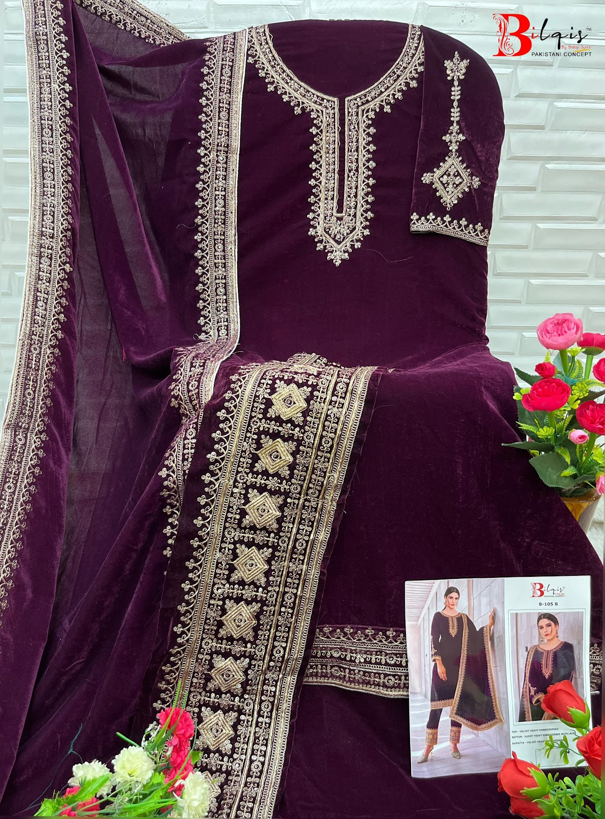 B 105 Bilqis Velvet Suits Exporter