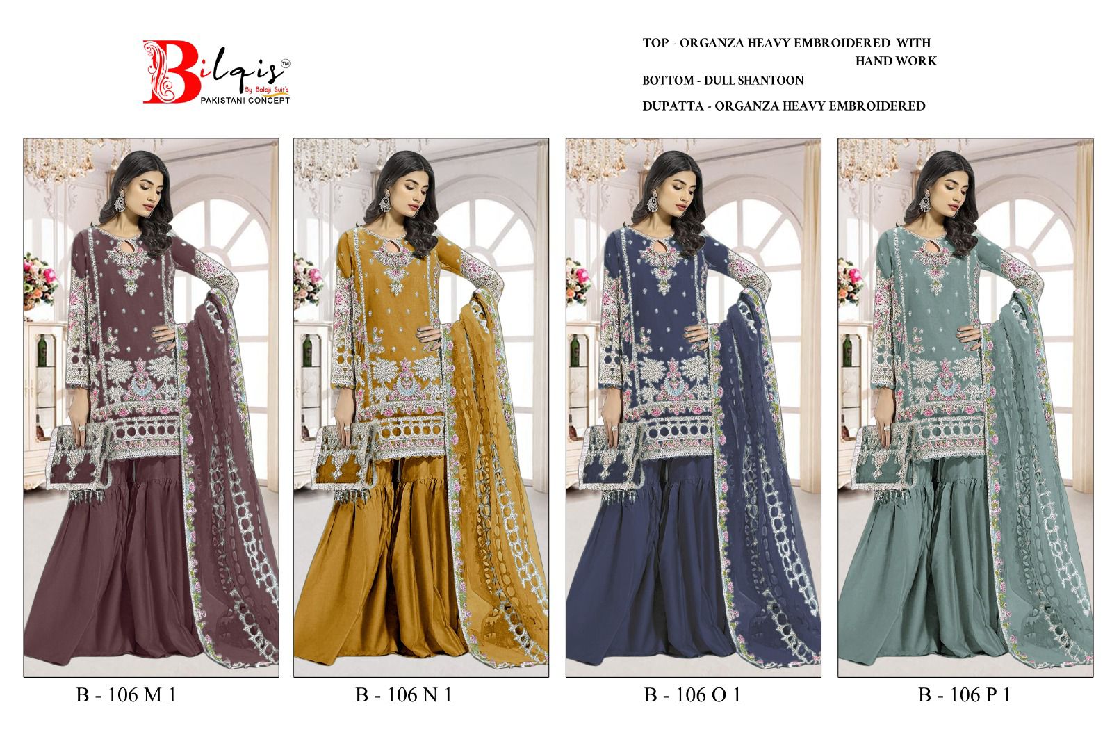 B 106Mnop Bilqis Organza Pakistani Salwar Suits Wholesaler