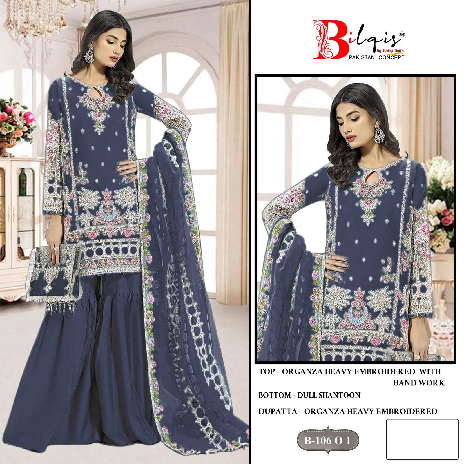 B 106Mnop Bilqis Organza Pakistani Salwar Suits Wholesaler