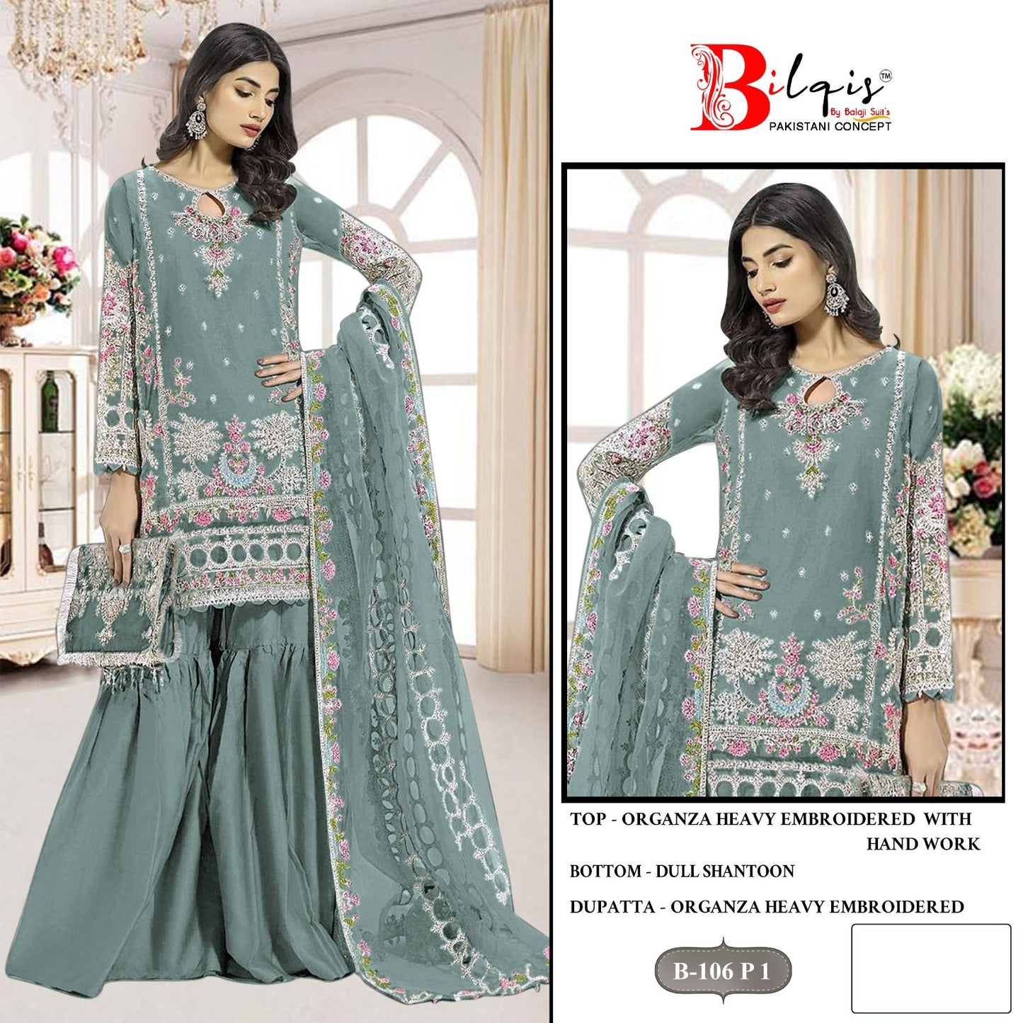 B 106Mnop Bilqis Organza Pakistani Salwar Suits Wholesaler