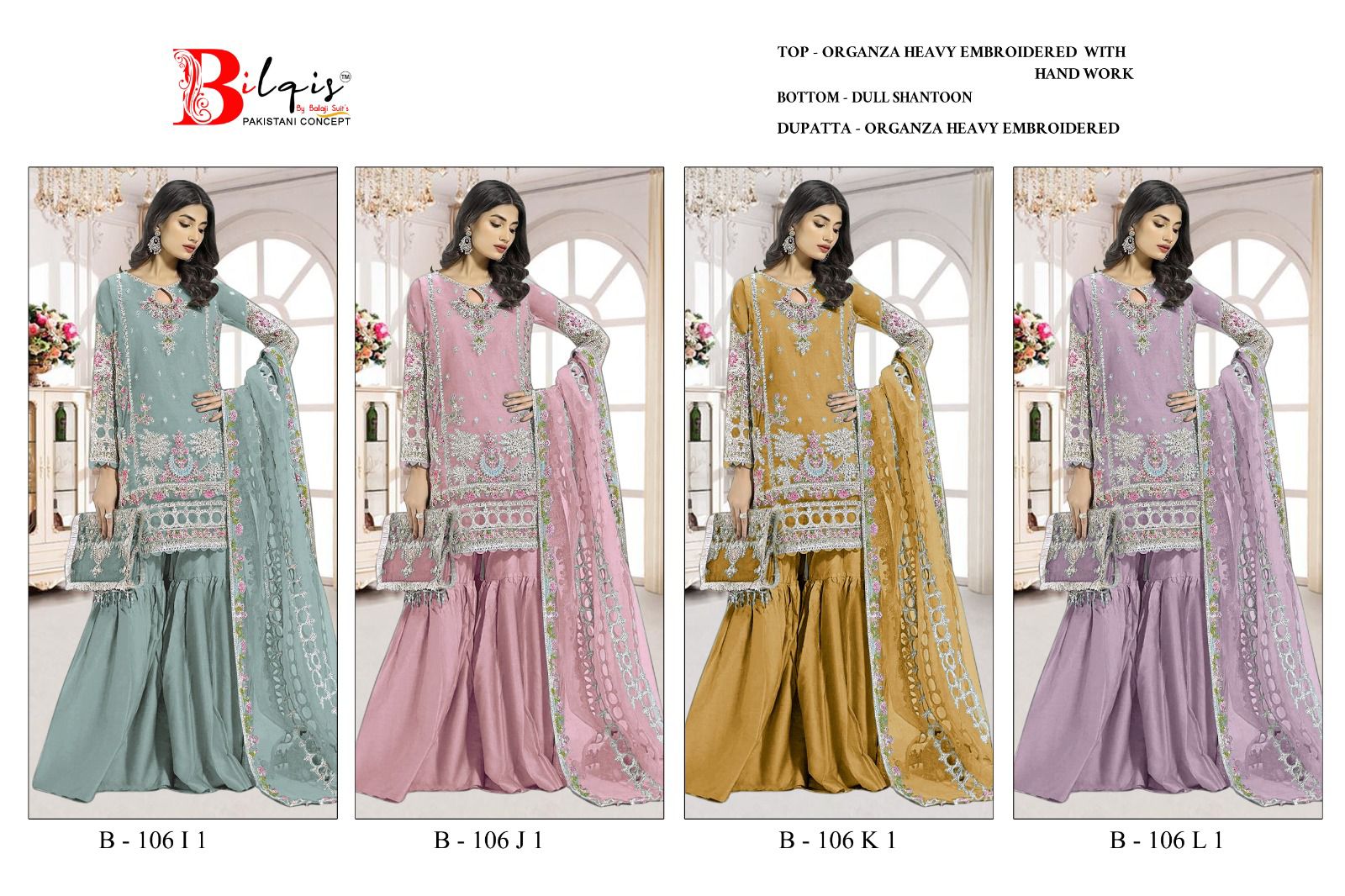 B 106 I1 To L1 Bilqis Organza Pakistani Salwar Suits Wholesale Rate
