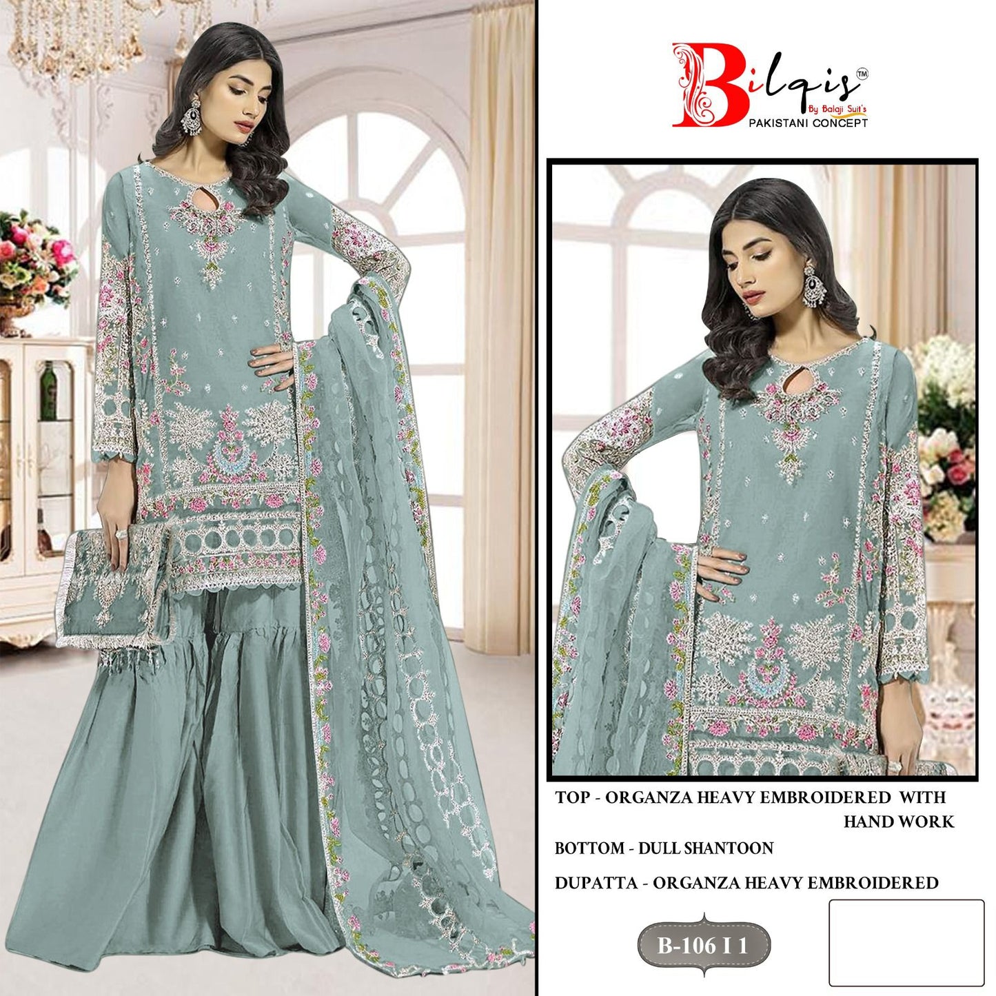 B 106 I1 To L1 Bilqis Organza Pakistani Salwar Suits Wholesale Rate