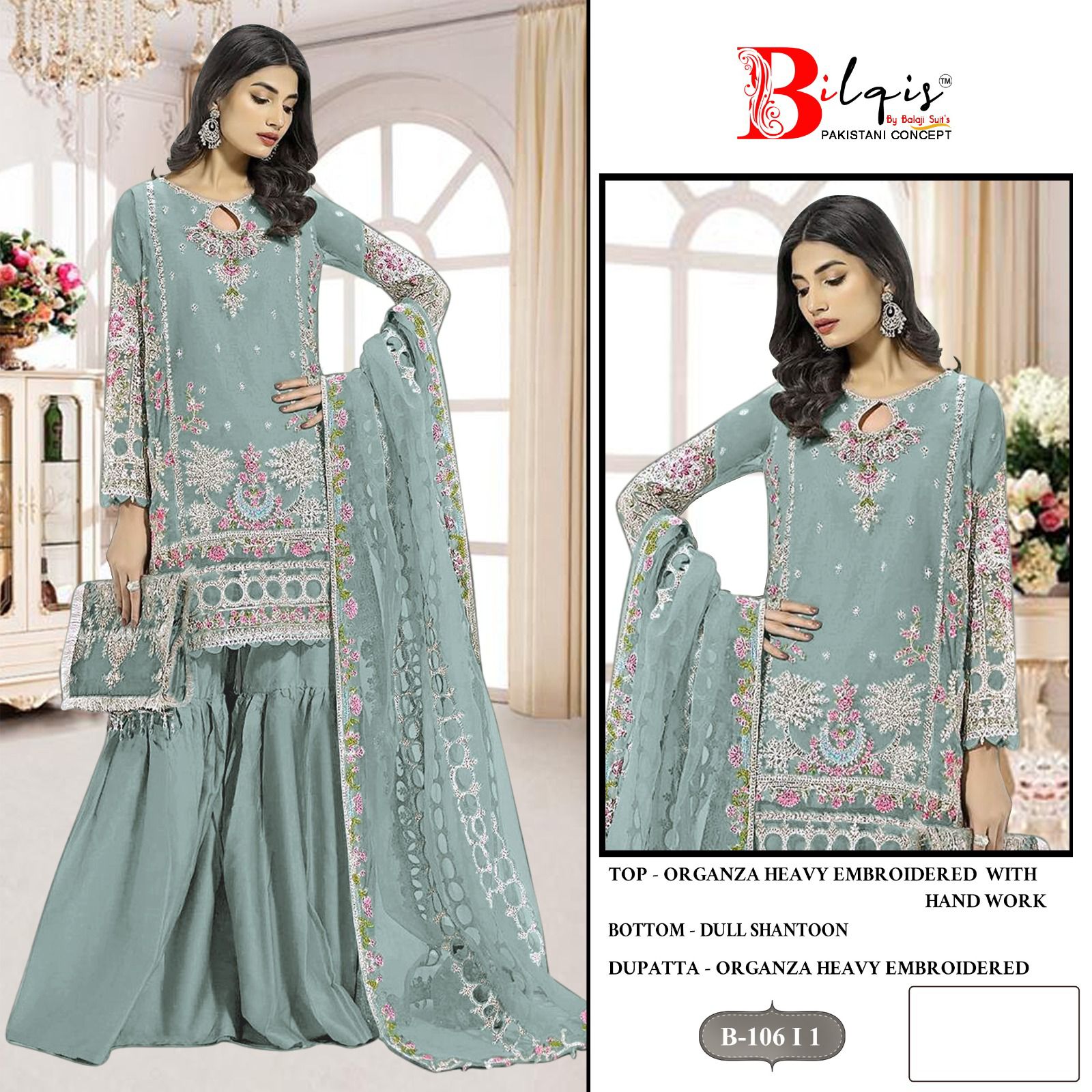 B 106 I1 To L1 Bilqis Organza Pakistani Salwar Suits Wholesale Rate