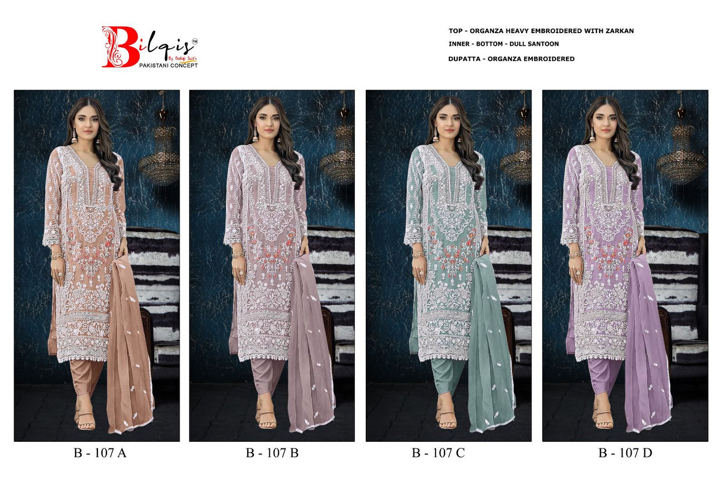 B 107 Abcd Bilqis Organza Pakistani Salwar Suits Supplier Gujarat