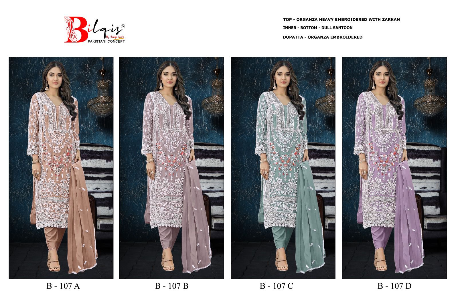 B 107 Abcd Bilqis Organza Pakistani Salwar Suits Supplier Gujarat