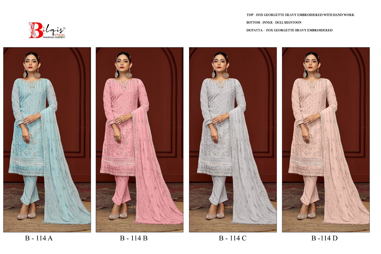 B 114 Bilqis Fox Georgette Pakistani Salwar Suits Manufacturer Ahmedabad