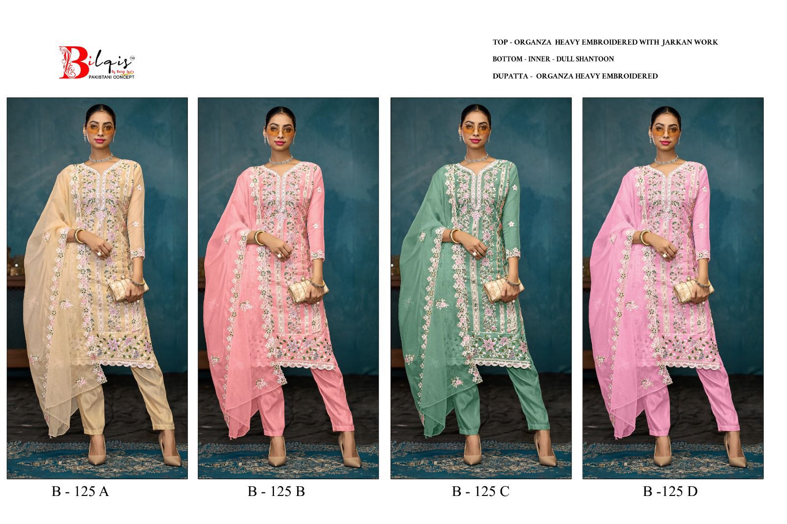 B 125 Bilqis Organza Pakistani Salwar Suits Supplier Ahmedabad