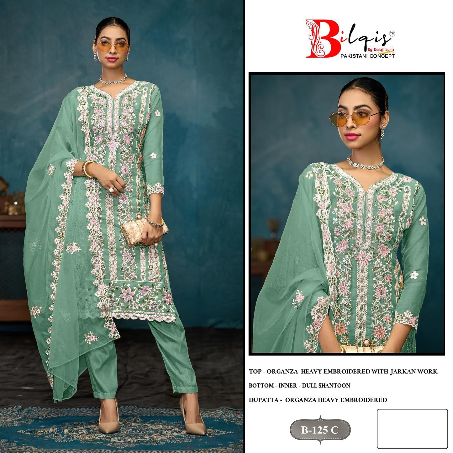 B 125 Bilqis Organza Pakistani Salwar Suits Supplier Ahmedabad