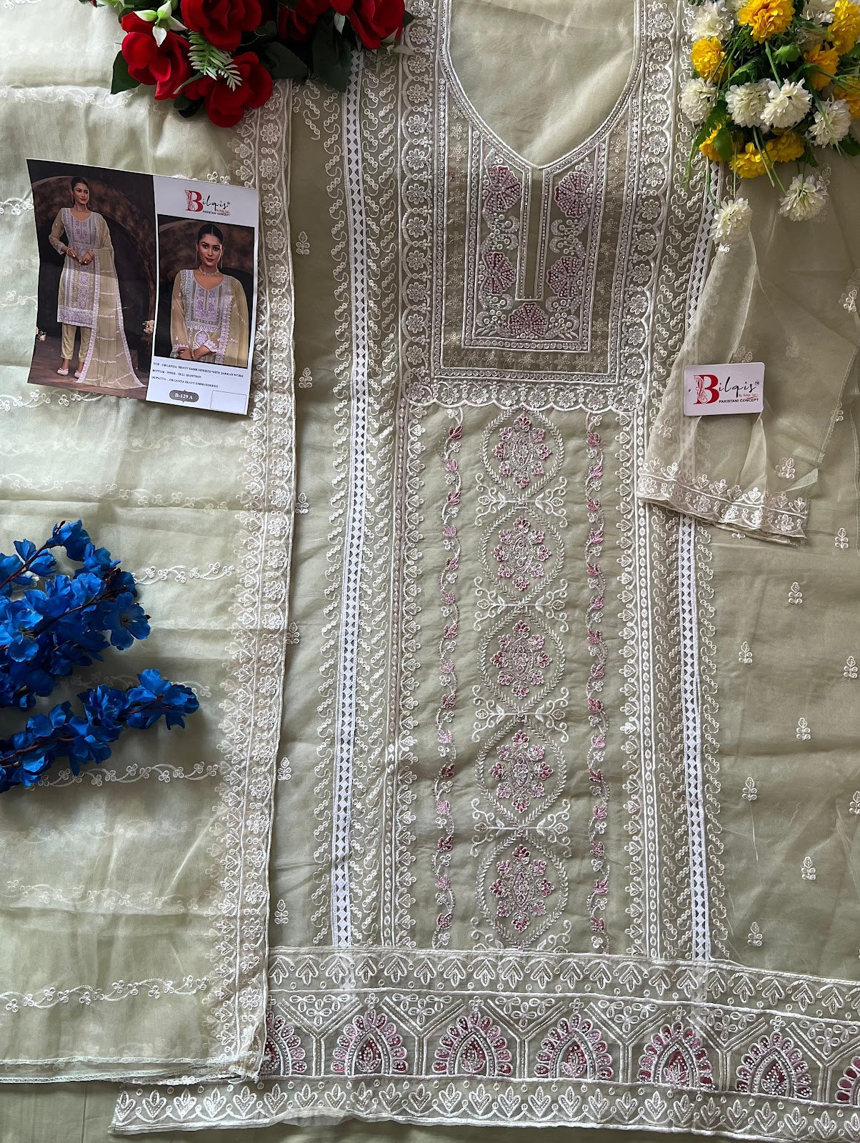 B 129 Bilqis Organza Pakistani Salwar Suits Exporter Ahmedabad