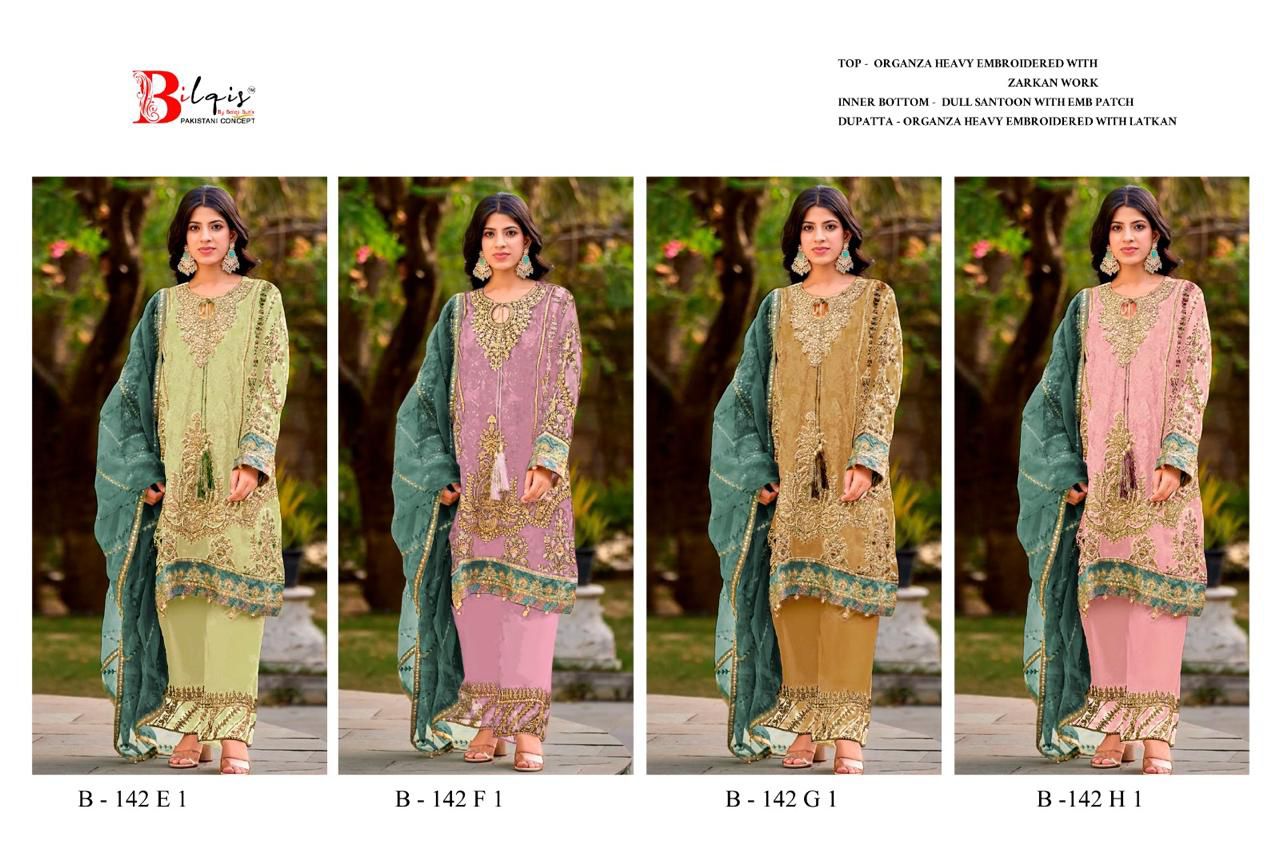 B 142 E1 To H1 Bilqis Organza Pakistani Salwar Suits Manufacturer India