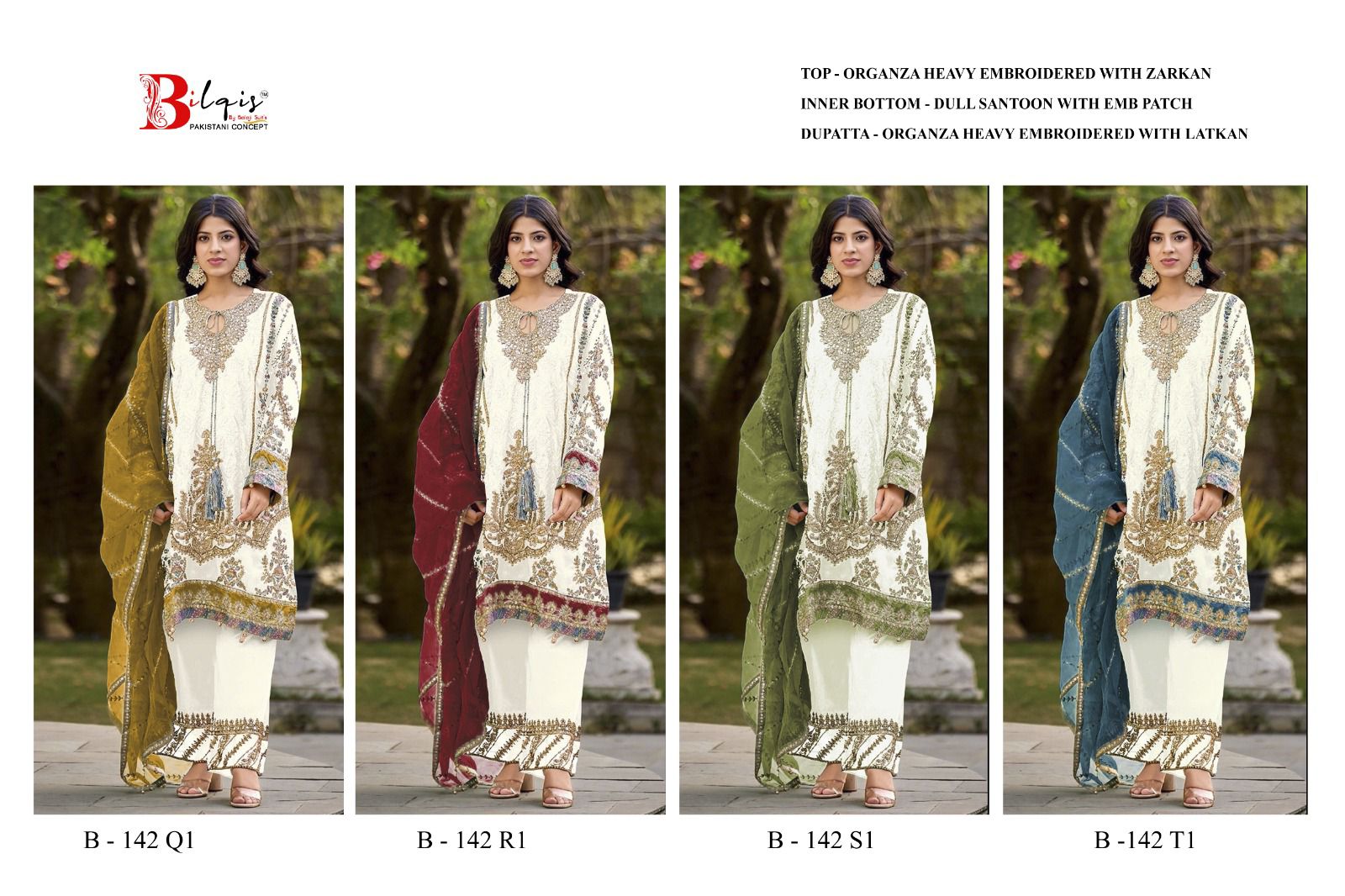 B 142 Q1 To T1 Bilqis Organza Pakistani Salwar Suits Wholesaler India