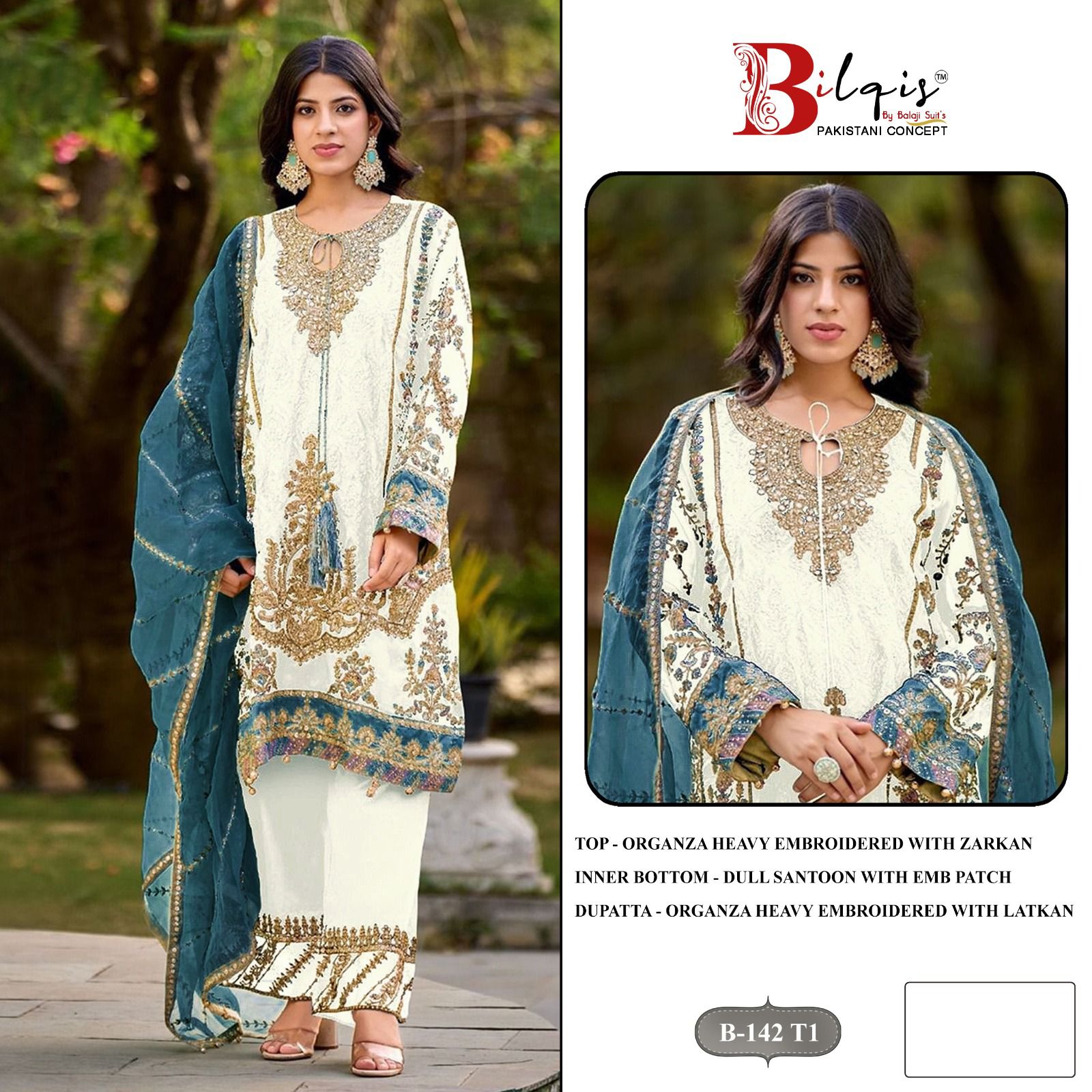 B 142 Q1 To T1 Bilqis Organza Pakistani Salwar Suits Wholesaler India