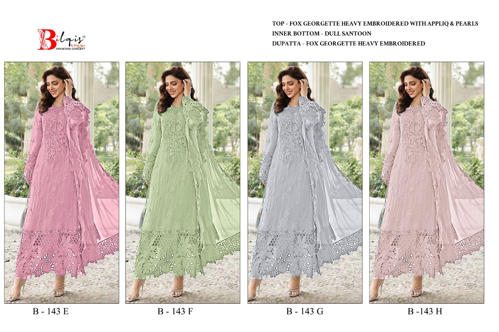 B 143 E To H Bilqis Fox Georgette Pakistani Salwar Suits Supplier India