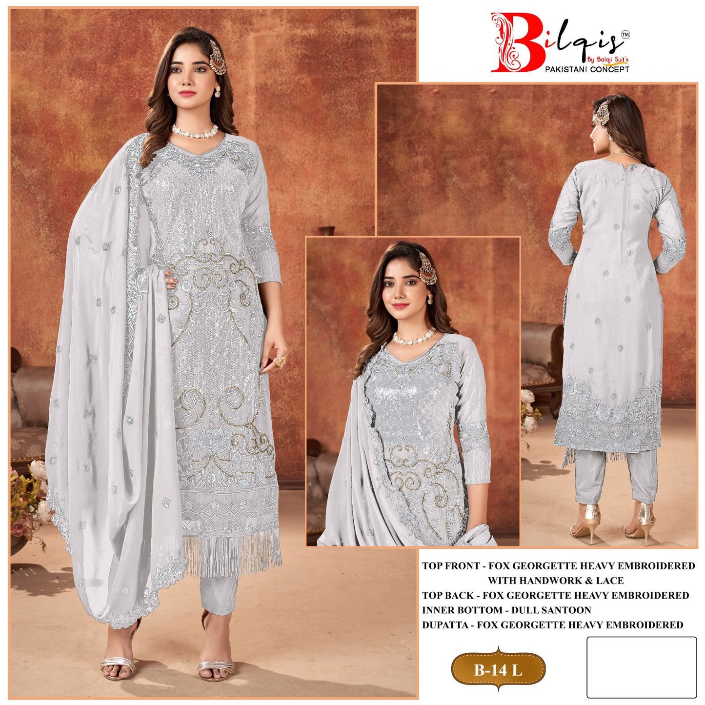 B 14 Klmn Bilqis Fox Georgette Pakistani Salwar Suits Wholesale